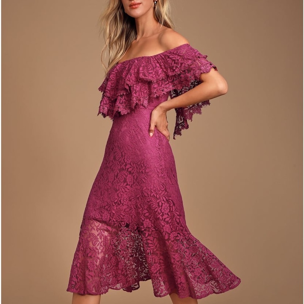 Lulu’s Jaclyn Magenta Floral Lace Off-the-Shoulder Midi Ruffle Dress Size Medium